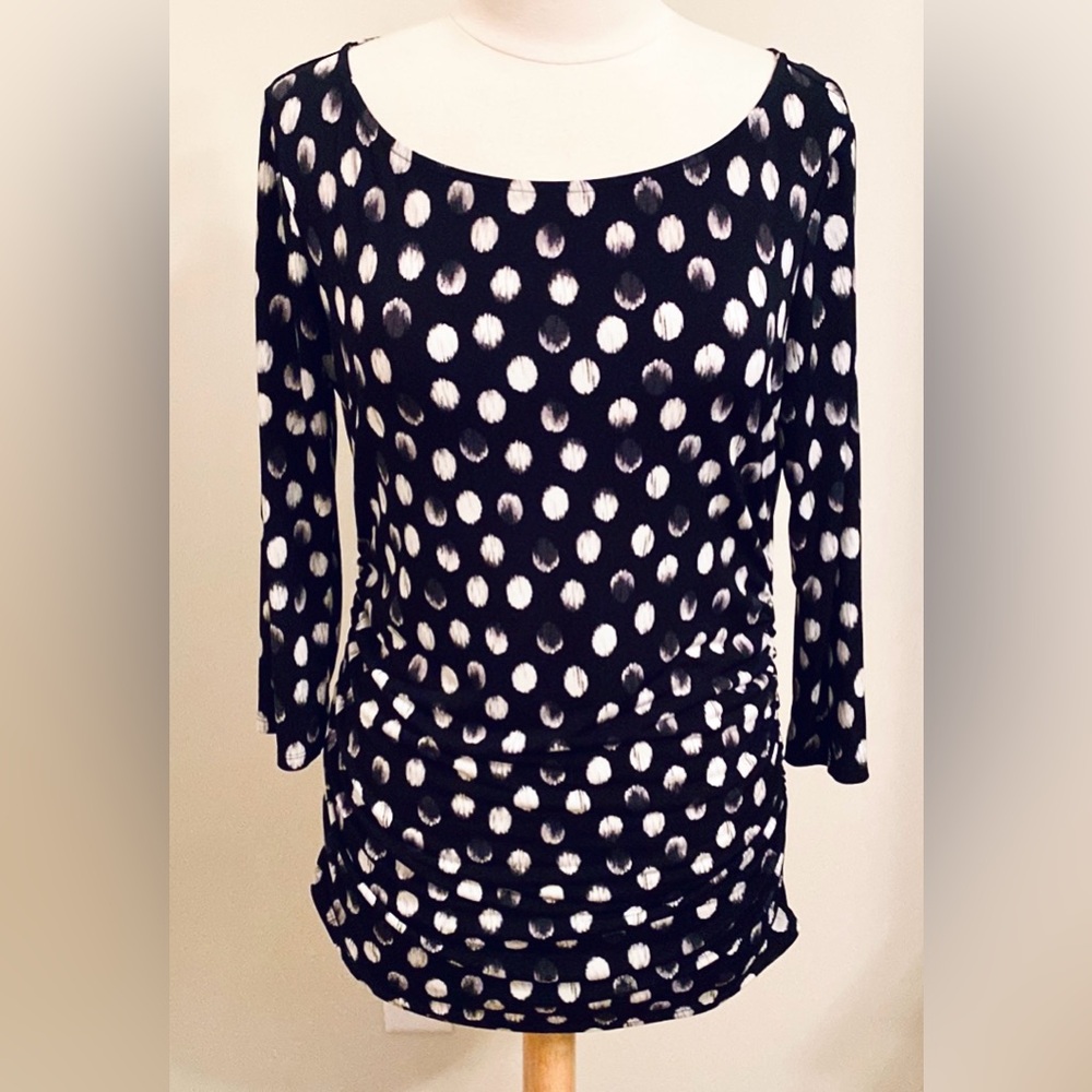Ellen Tracy Black White Grey Polka Dot L Career Chic Corporate Ruched Fitted Top